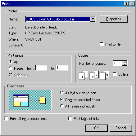 The print dialogue box, note the Print Frames options